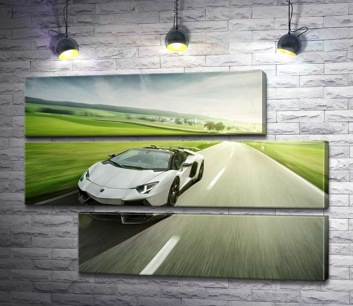 модульная картина Белый Lamborghini Aventador Roadster несется мимо зеленых полей (Модуль №16)