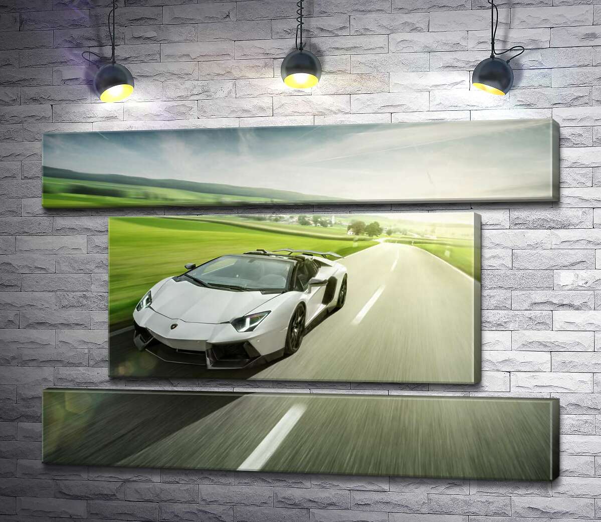 модульная картина Белый Lamborghini Aventador Roadster несется мимо зеленых полей (Модуль №18)