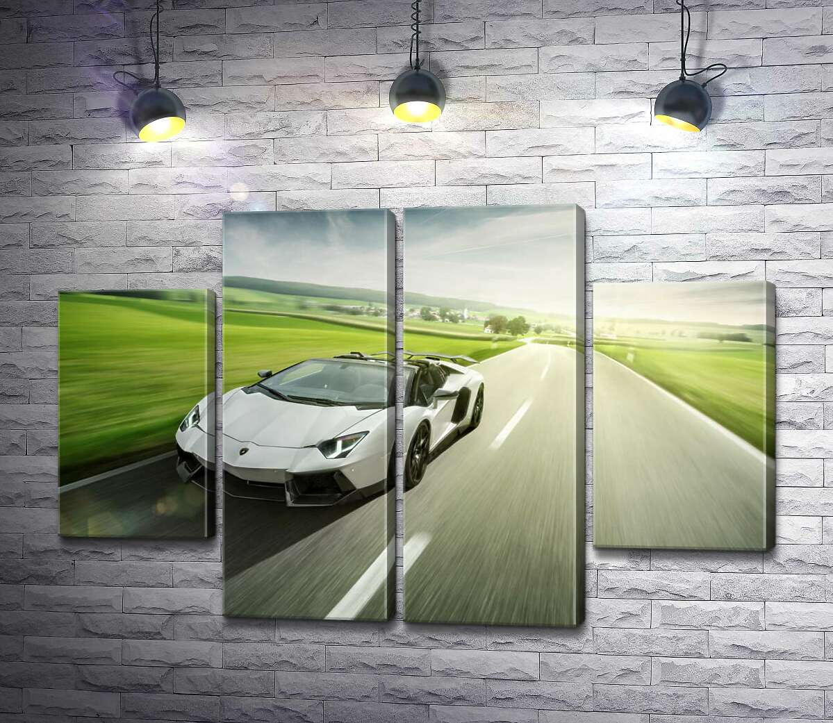 модульная картина Белый Lamborghini Aventador Roadster несется мимо зеленых полей (Модуль №20)