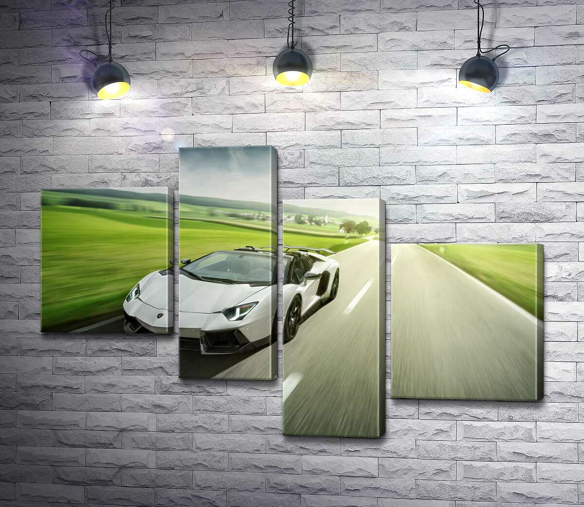 модульна картина Білий Lamborghini Aventador Roadster мчить повз зелені поля (Модуль №21)