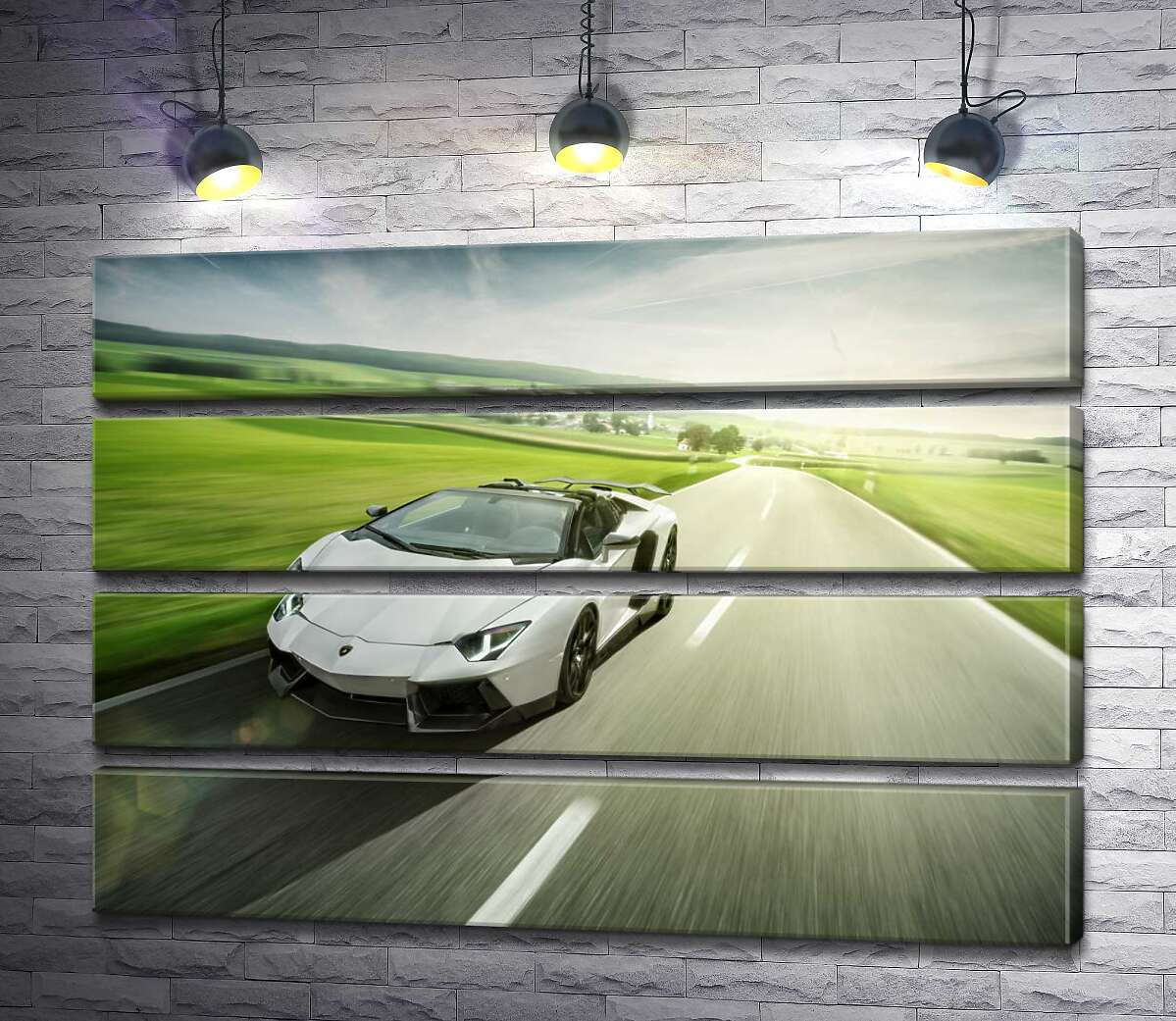 модульная картина Белый Lamborghini Aventador Roadster несется мимо зеленых полей (Модуль №22)