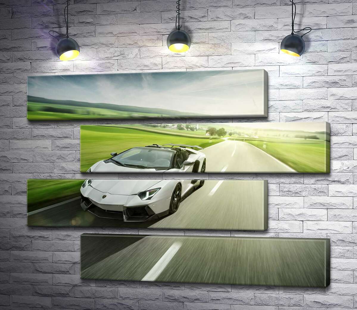 модульная картина Белый Lamborghini Aventador Roadster несется мимо зеленых полей (Модуль №23)