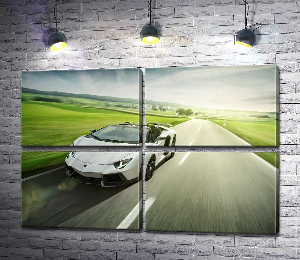 модульна картина Білий Lamborghini Aventador Roadster мчить повз зелені поля (Модуль №25)