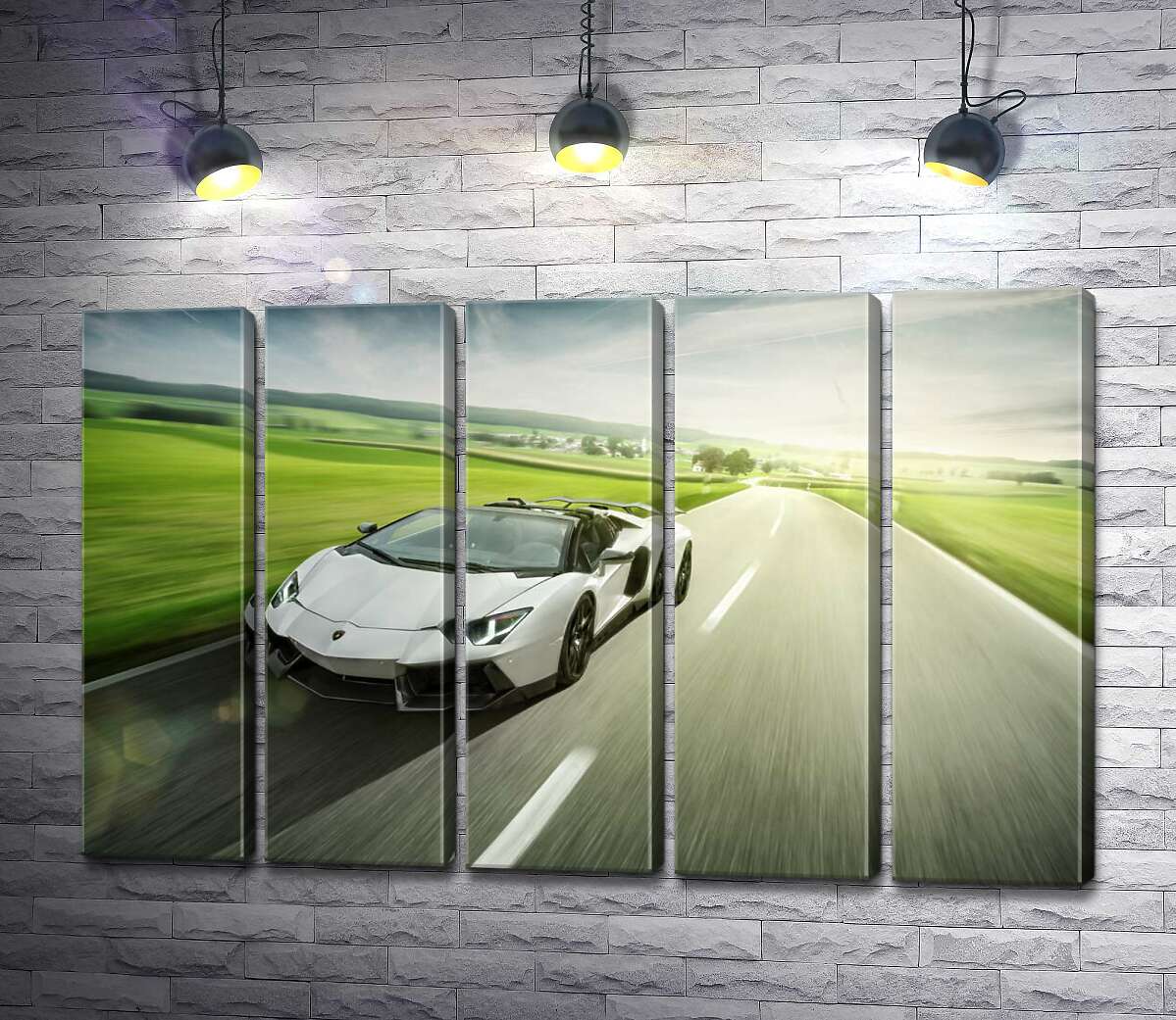 модульная картина Белый Lamborghini Aventador Roadster несется мимо зеленых полей (Модуль №26)
