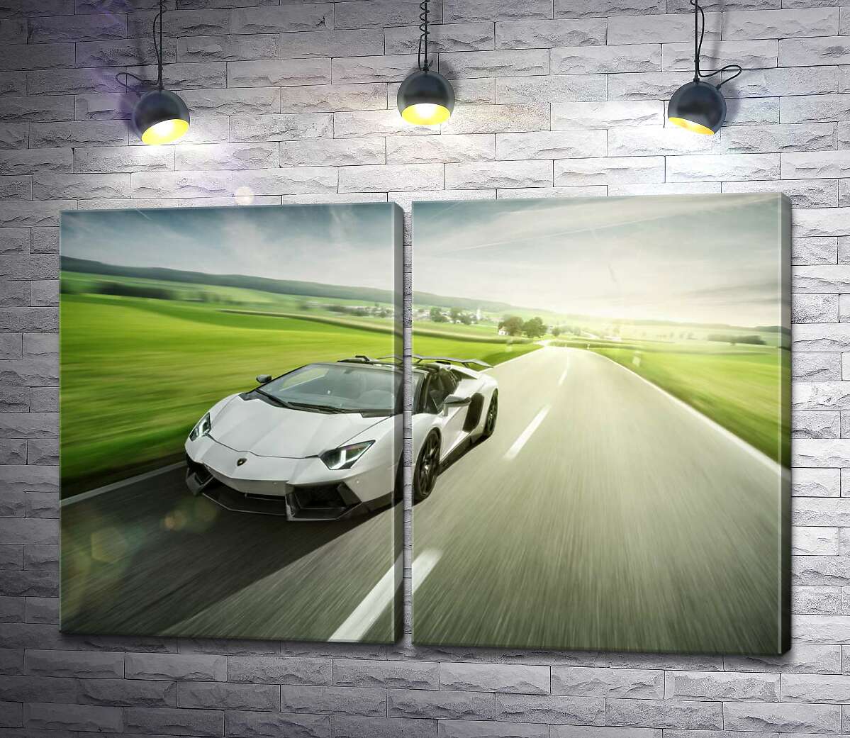 модульна картина Білий Lamborghini Aventador Roadster мчить повз зелені поля (Модуль №6)