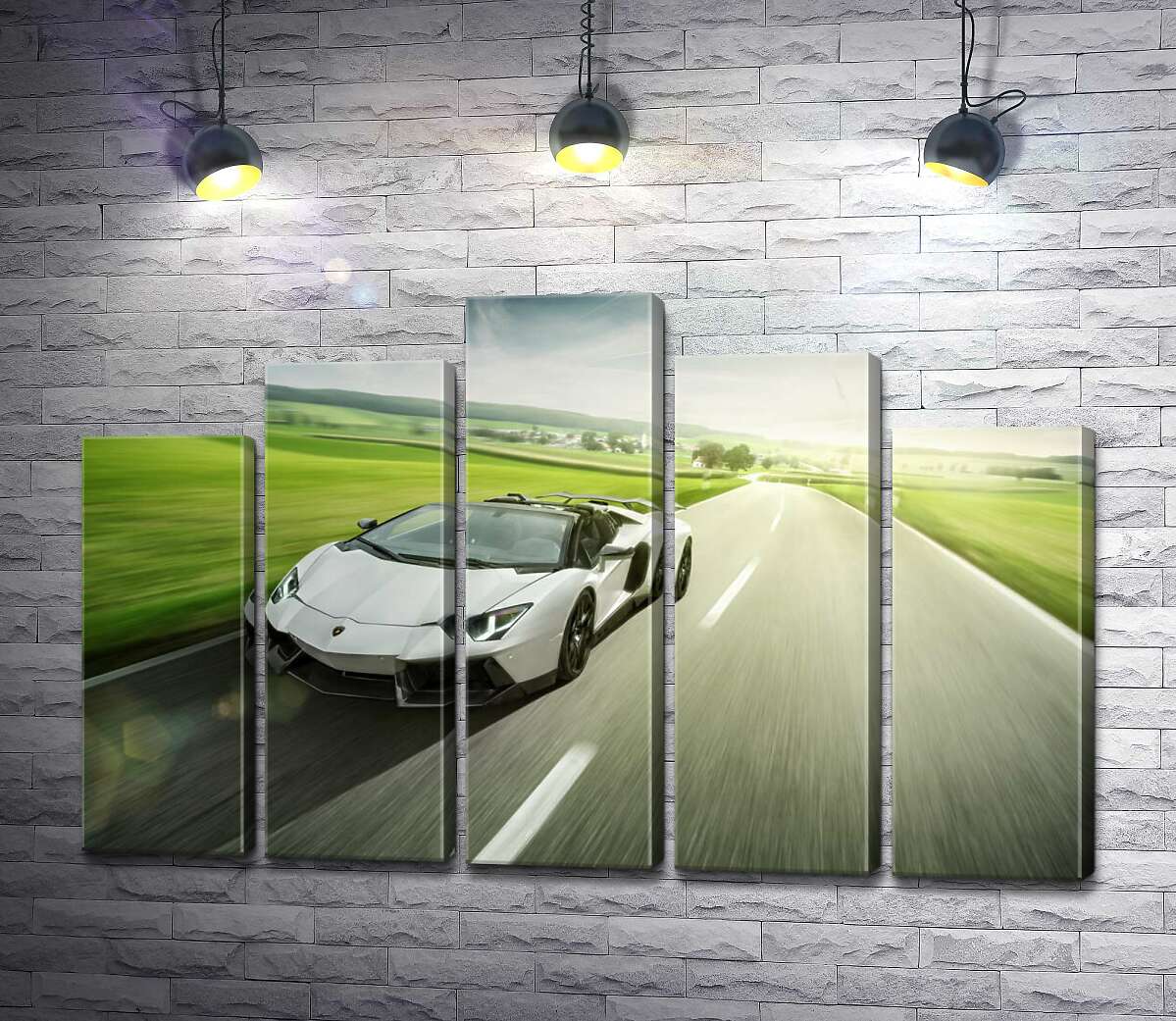 модульна картина Білий Lamborghini Aventador Roadster мчить повз зелені поля (Модуль №29)