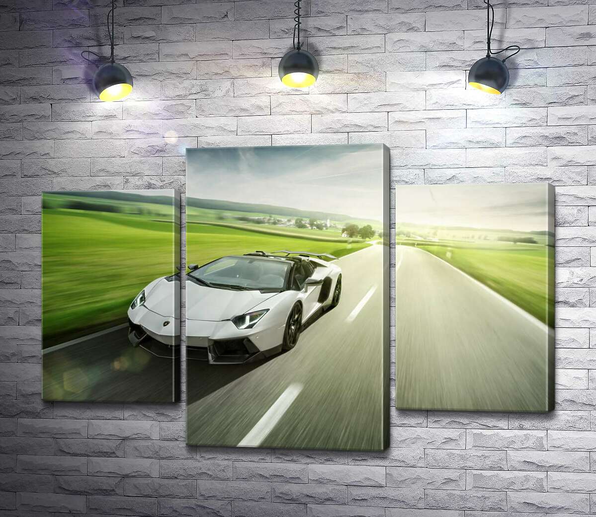модульная картина Белый Lamborghini Aventador Roadster несется мимо зеленых полей (Модуль №10)