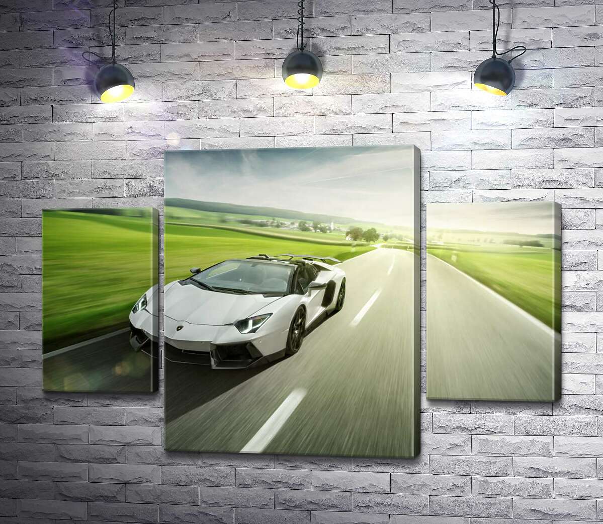 модульна картина Білий Lamborghini Aventador Roadster мчить повз зелені поля (Модуль №5)