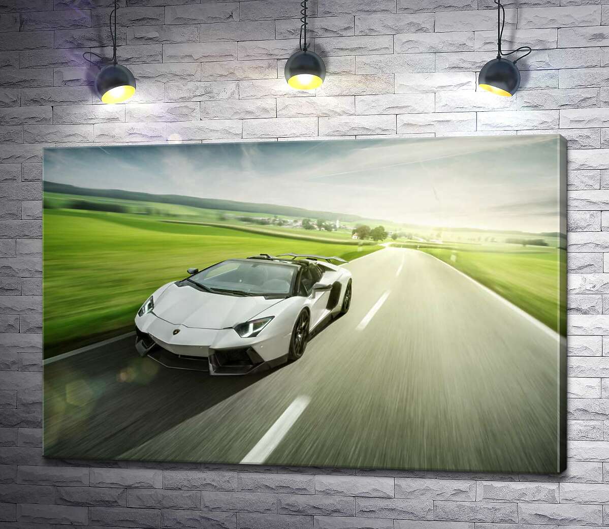 картина Белый Lamborghini Aventador Roadster несется мимо зеленых полей