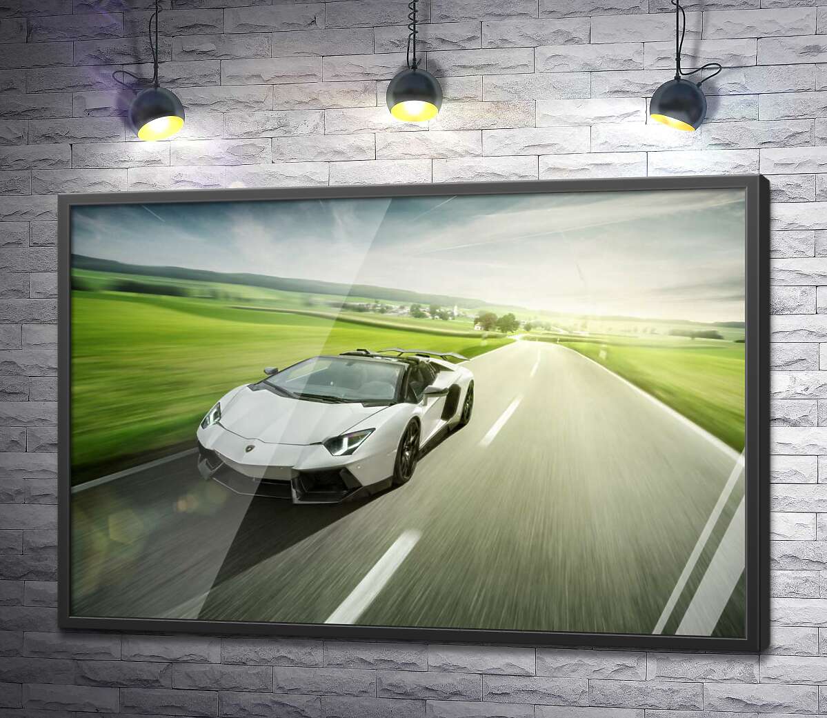 постер Білий Lamborghini Aventador Roadster мчить повз зелені поля