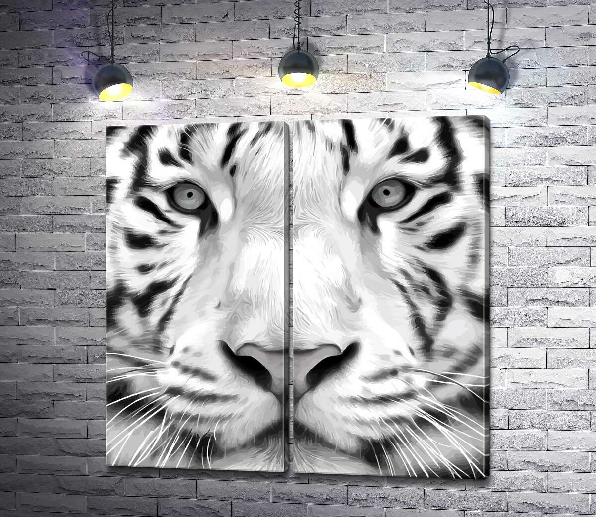 модульная картина Черные полоски на морде белого бенгальского тигра