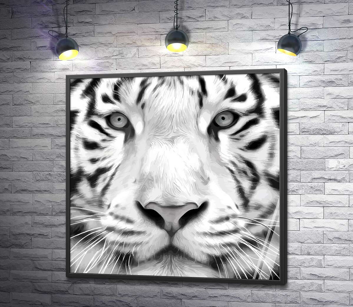 постер Черные полоски на морде белого бенгальского тигра