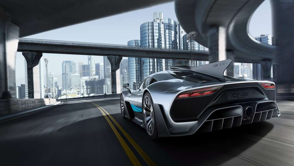 картина-постер Двомісний гіперкар Mercedes-AMG Project One їде по транспортній розв'язці