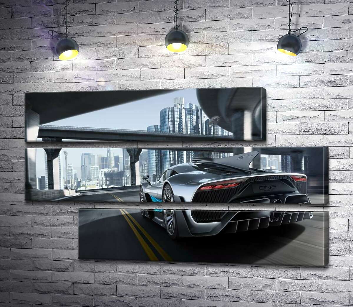 модульна картина Двомісний гіперкар Mercedes-AMG Project One їде по транспортній розв'язці (Модуль №16)