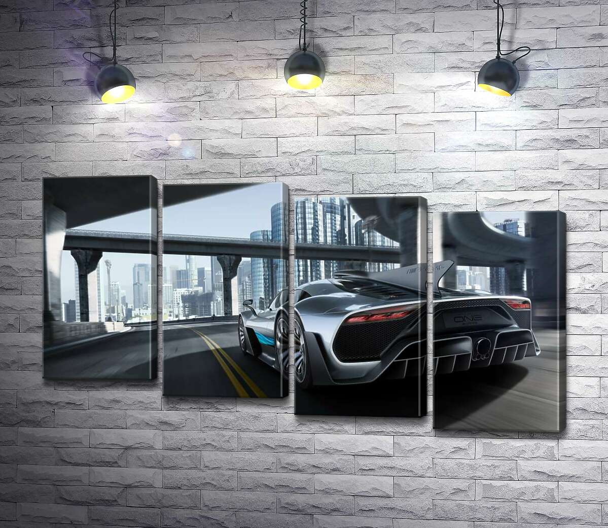 модульная картина Двухместный гиперкар Mercedes-AMG Project One едет по транспортной развязке (Модуль №19)