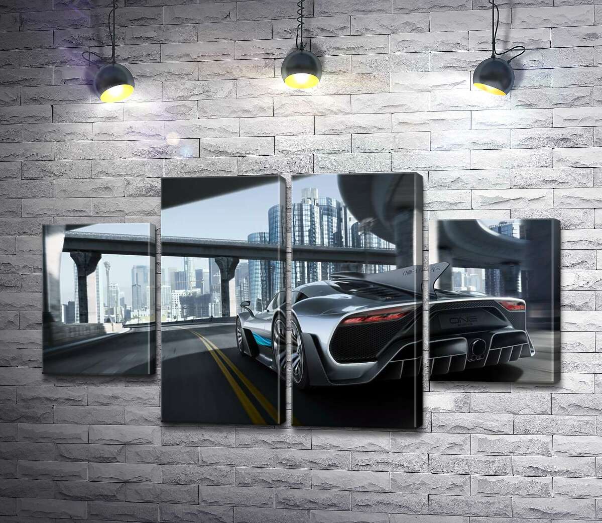 модульна картина Двомісний гіперкар Mercedes-AMG Project One їде по транспортній розв'язці (Модуль №20)