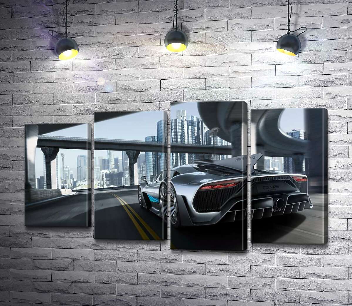 модульная картина Двухместный гиперкар Mercedes-AMG Project One едет по транспортной развязке (Модуль №3)