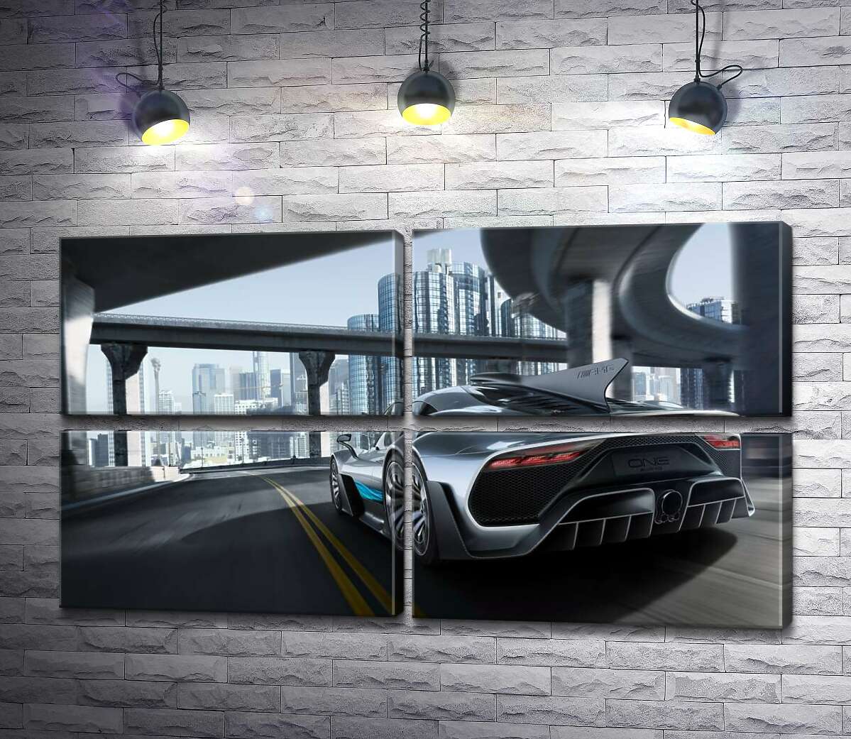модульная картина Двухместный гиперкар Mercedes-AMG Project One едет по транспортной развязке (Модуль №25)