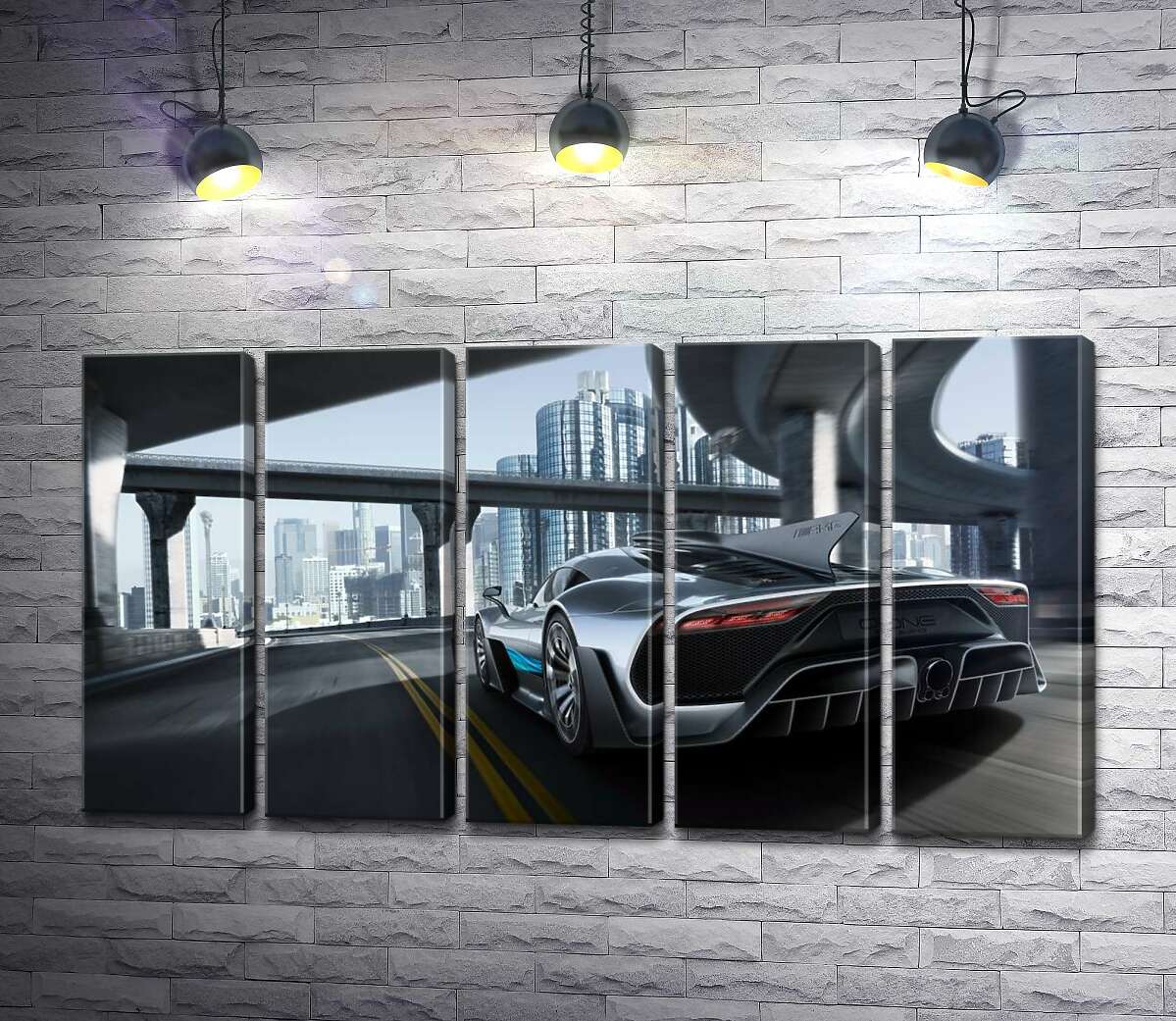 модульна картина Двомісний гіперкар Mercedes-AMG Project One їде по транспортній розв'язці (Модуль №26)