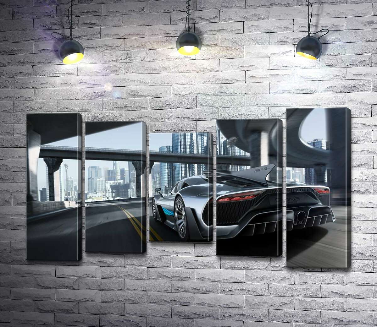 модульна картина Двомісний гіперкар Mercedes-AMG Project One їде по транспортній розв'язці (Модуль №27)