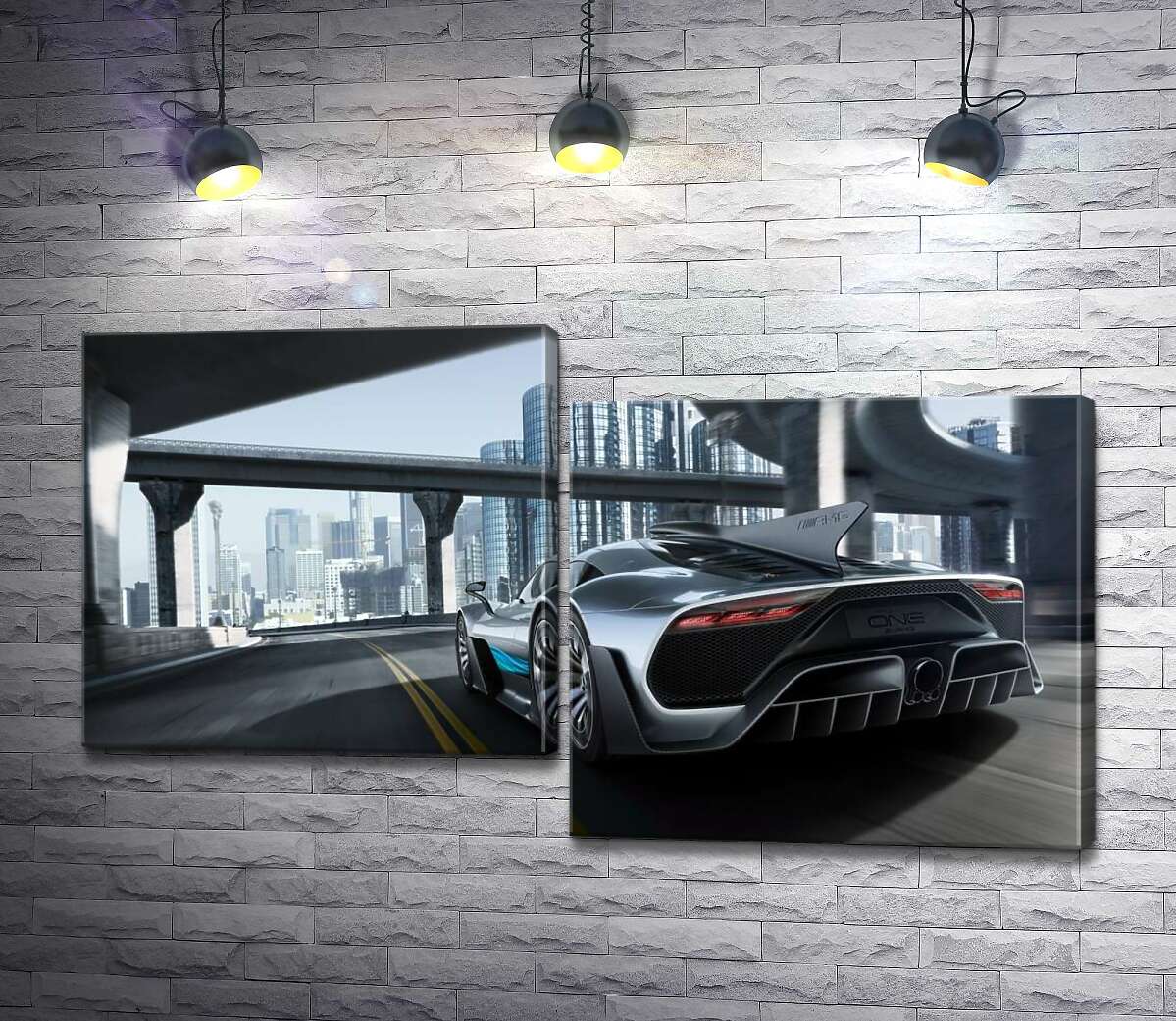 модульна картина Двомісний гіперкар Mercedes-AMG Project One їде по транспортній розв'язці (Модуль №9)