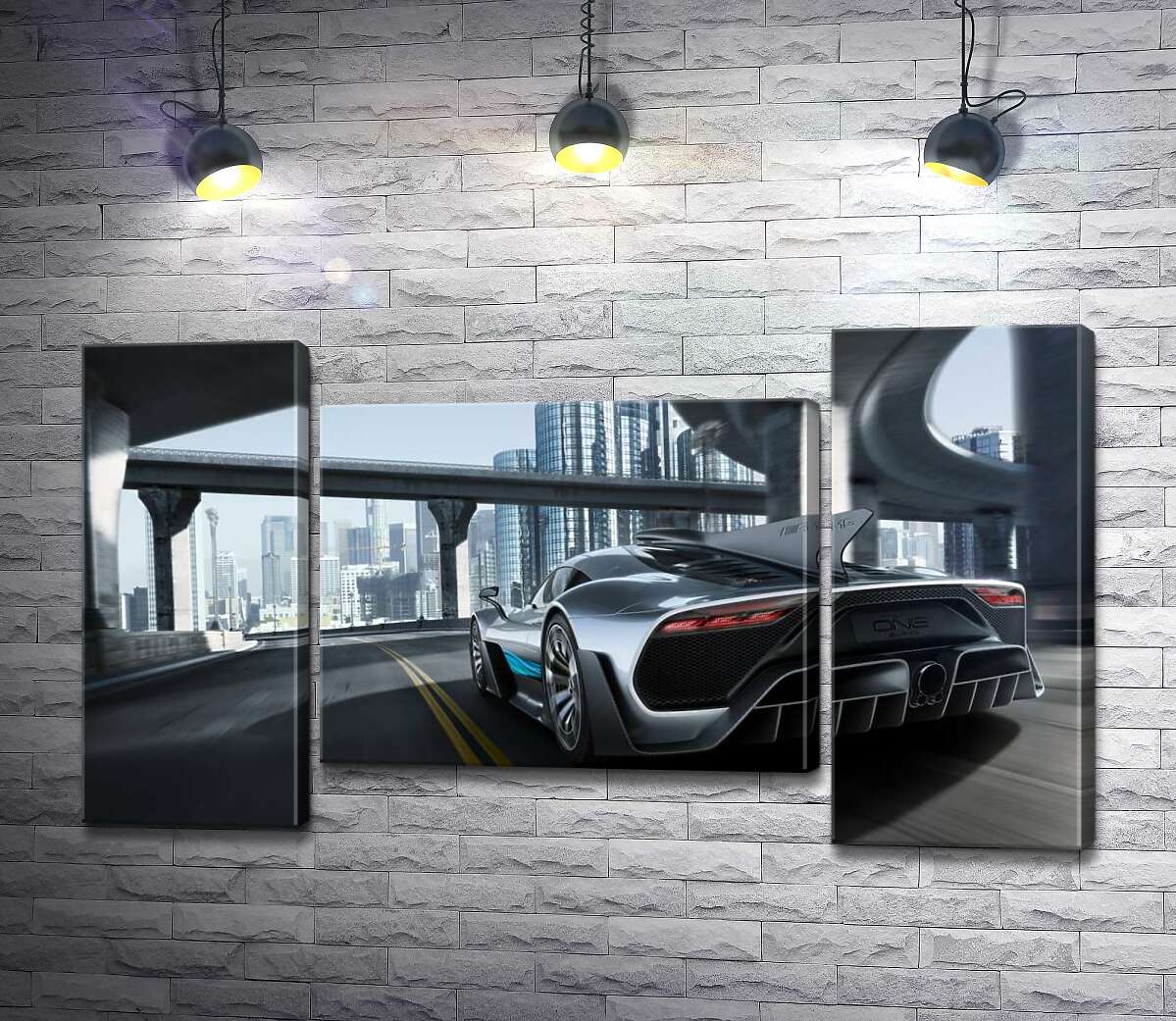 модульная картина Двухместный гиперкар Mercedes-AMG Project One едет по транспортной развязке (Модуль №11)