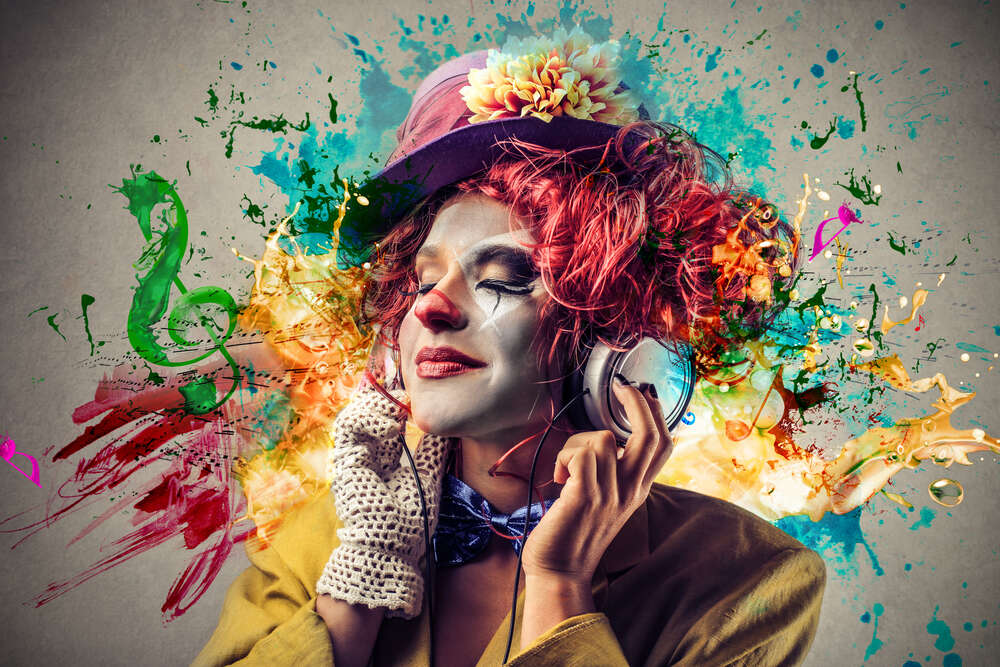 картина-постер Дотепний клоун слухає барви музики в навушниках