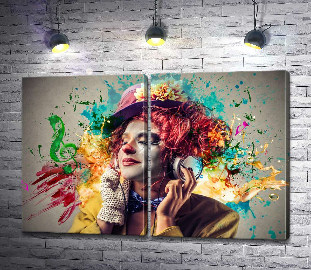 модульная картина Остроумный клоун слушает краски музыки в наушниках
