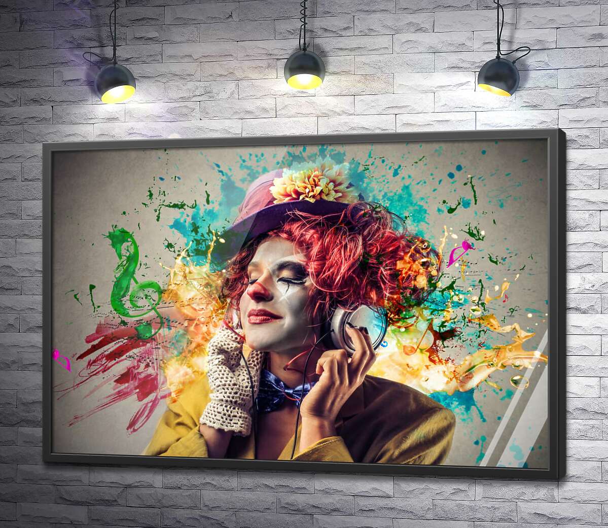 постер Остроумный клоун слушает краски музыки в наушниках