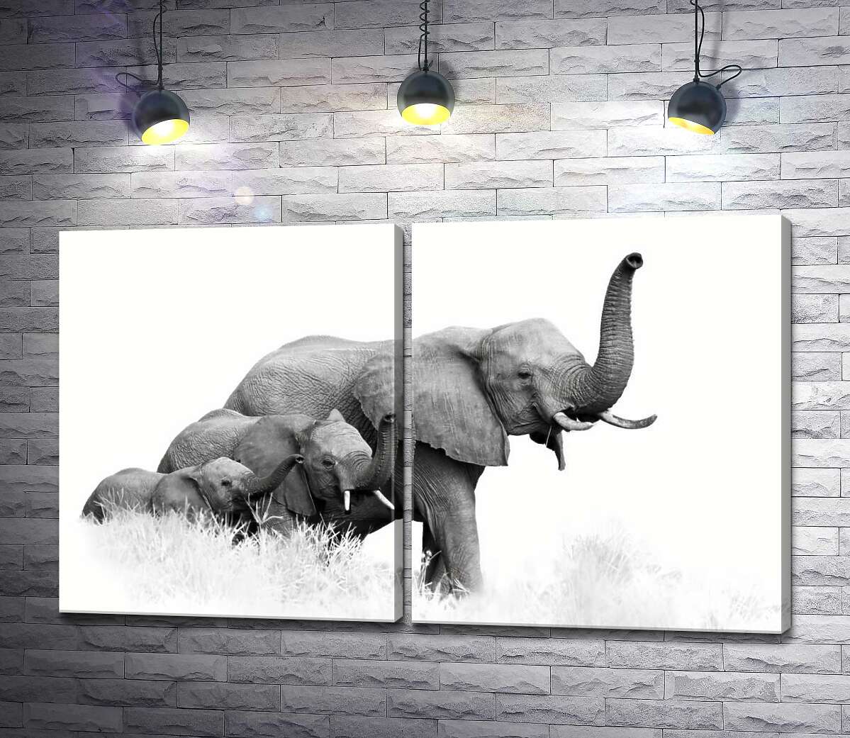 модульная картина Семья слонов гуляет по саванне