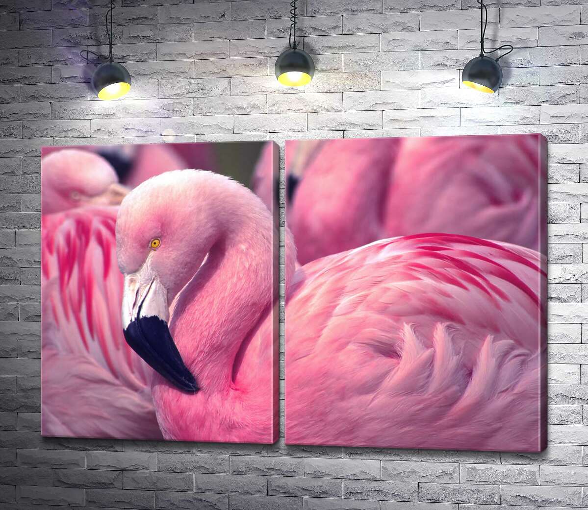 модульная картина Розовый фламинго стоит среди стаи птиц