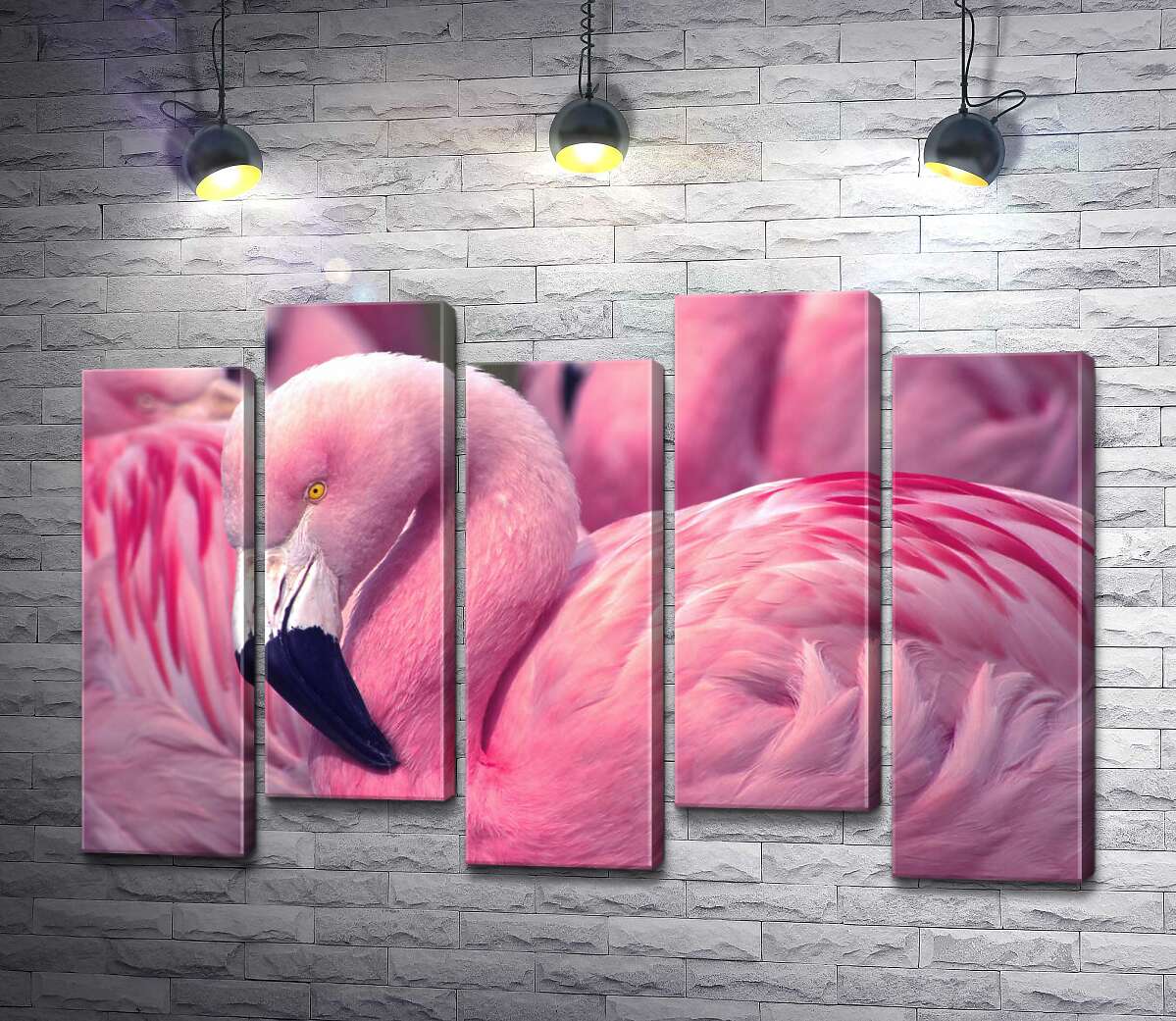 модульная картина Розовый фламинго стоит среди стаи птиц (Модуль №30)