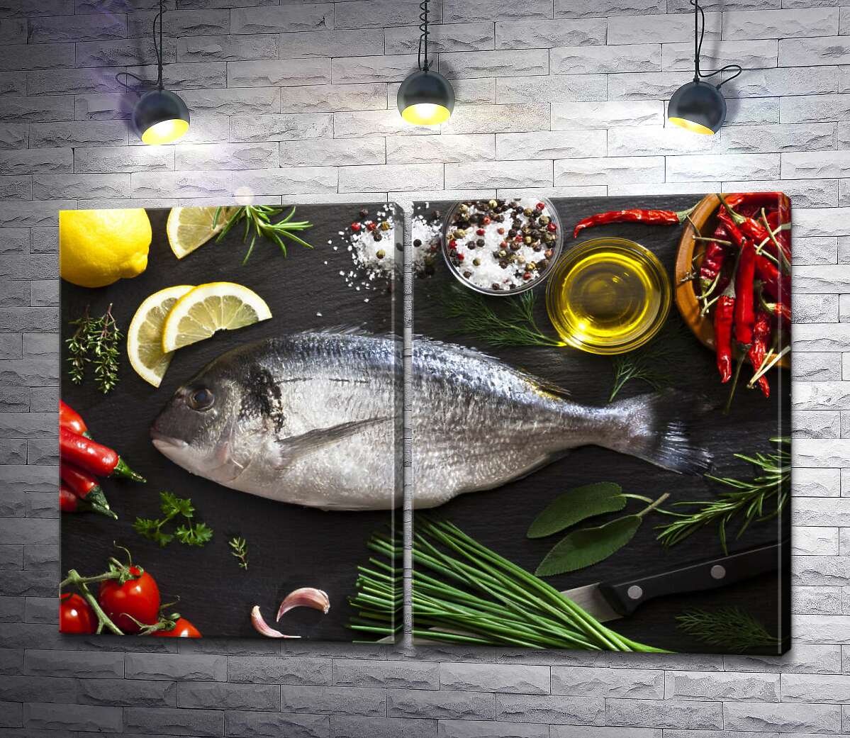 модульная картина Свежая рыба дорадо в окружении овощей и специй