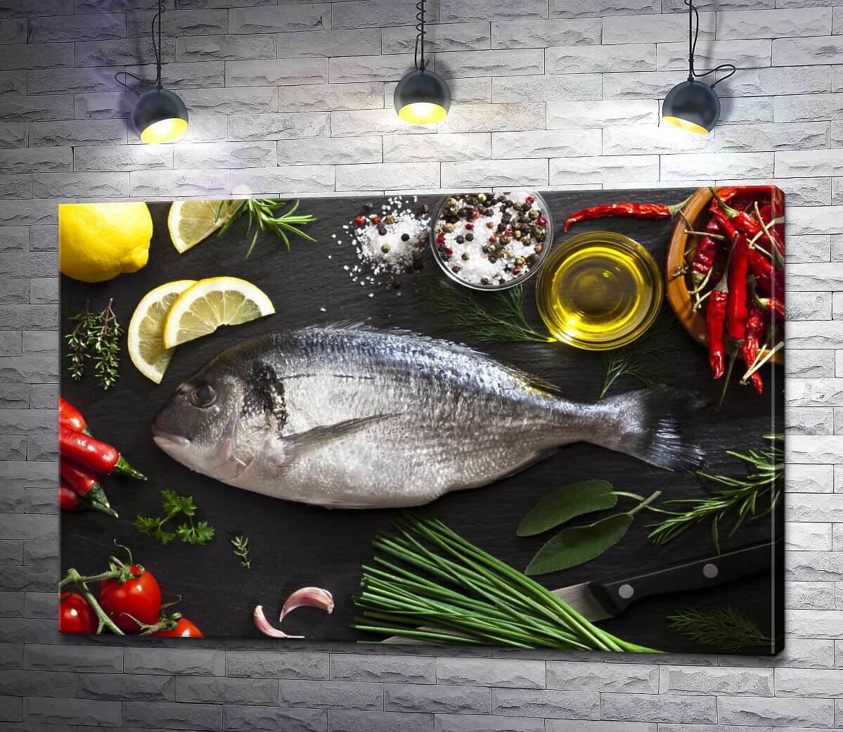 картина Свіжа риба дорадо в оточенні овочів та спецій