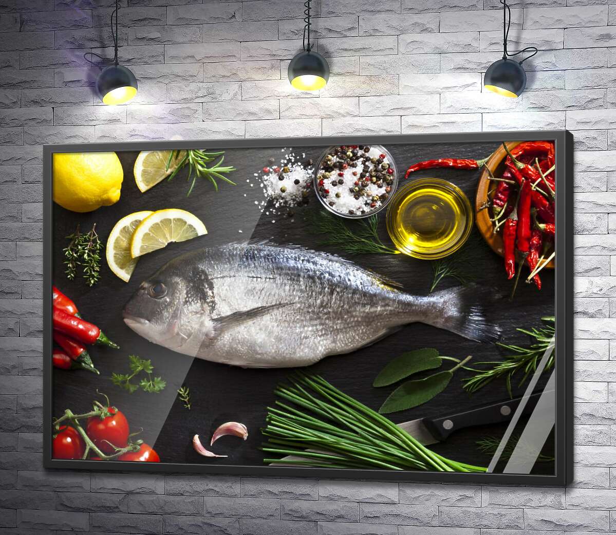 постер Свіжа риба дорадо в оточенні овочів та спецій