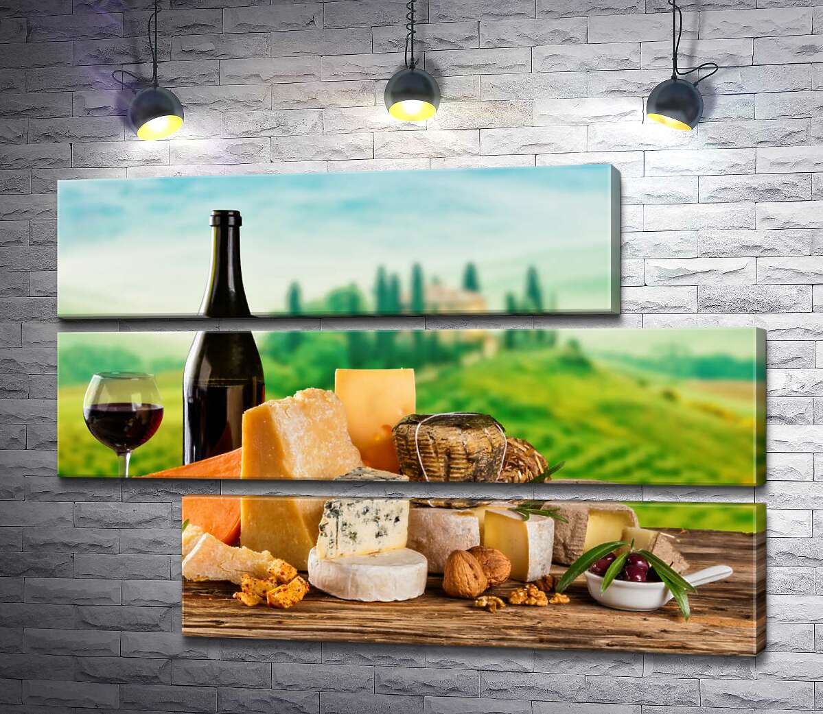 модульная картина Нежные вкусы итальянских сыров дополнены бокалом красного вина (Модуль №16)