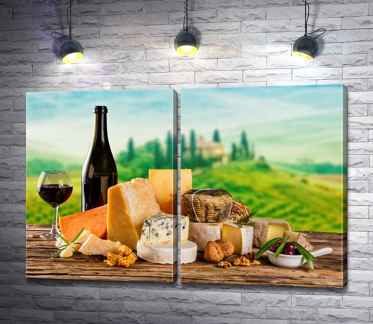 модульная картина Нежные вкусы итальянских сыров дополнены бокалом красного вина
