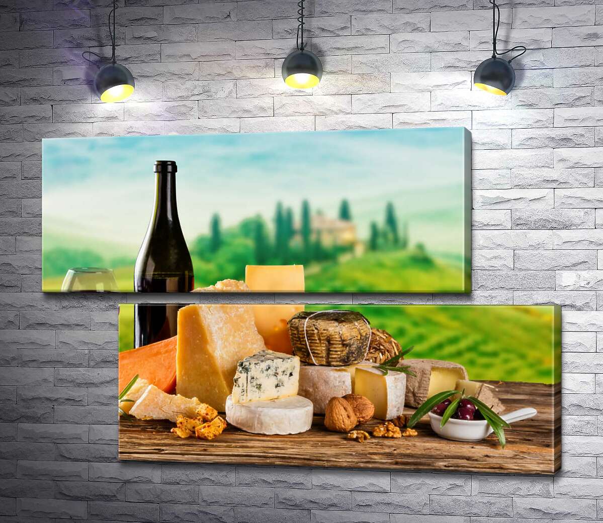 модульная картина Нежные вкусы итальянских сыров дополнены бокалом красного вина (Модуль №8)