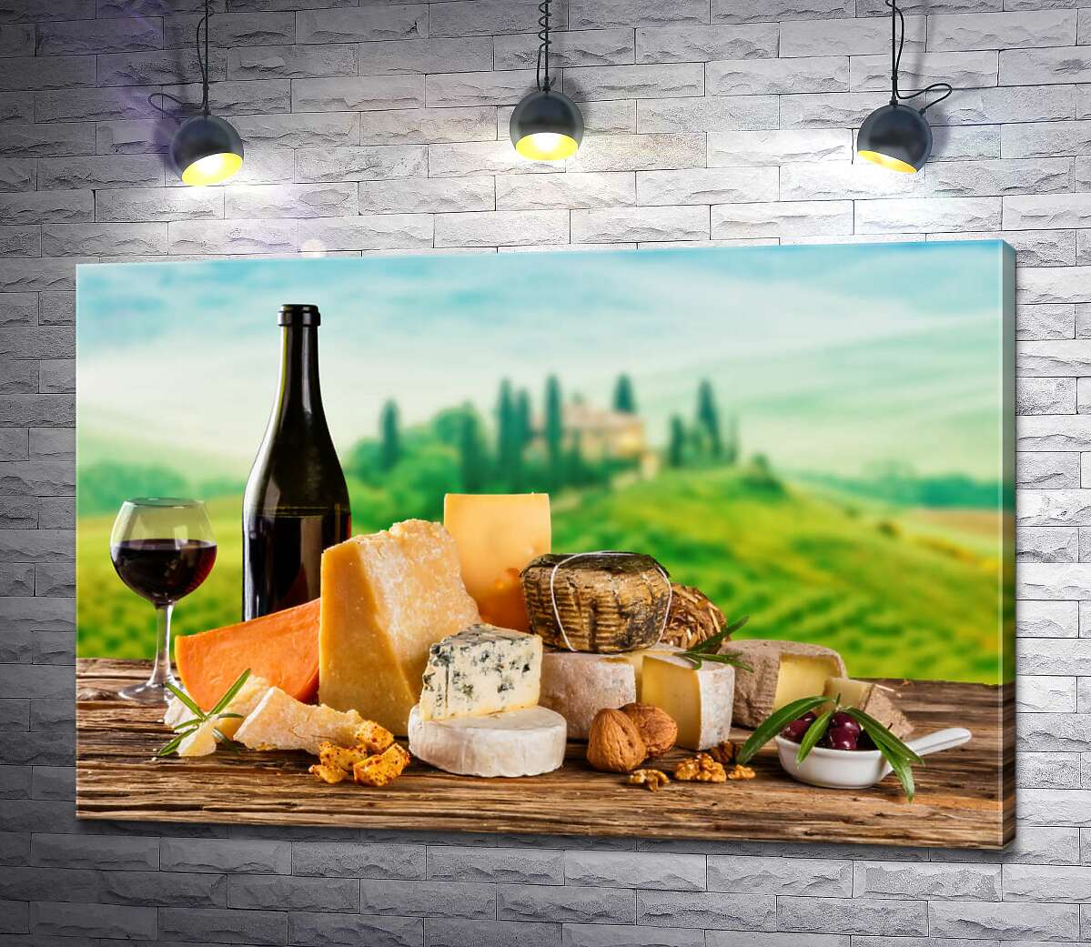 картина Ніжні смаки італійських сирів доповнені келихом червоного вина
