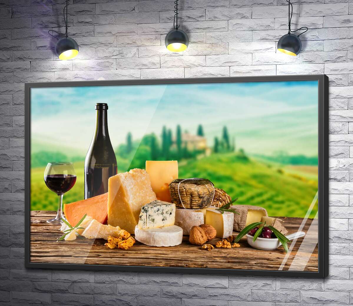 постер Нежные вкусы итальянских сыров дополнены бокалом красного вина