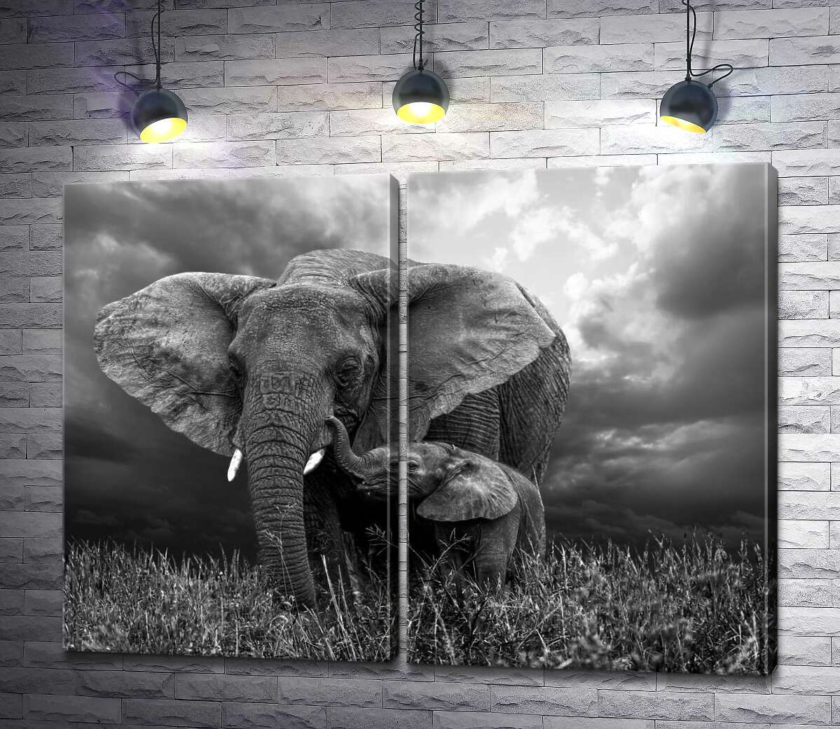 модульна картина Гроза насувається на сім'ю слонів