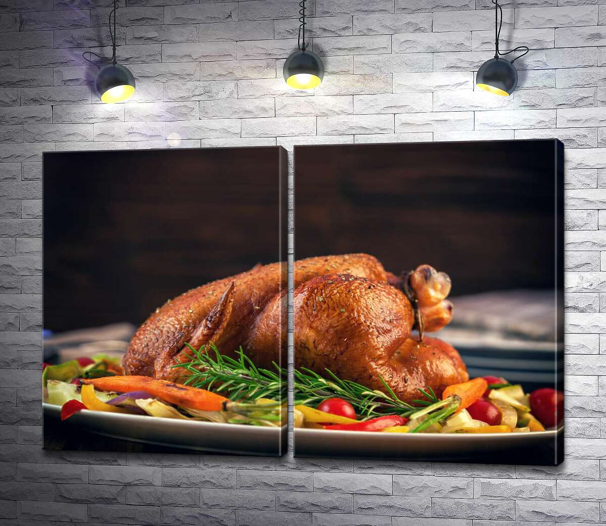 модульная картина Хрустящая запеченная курица на подушке из овощей