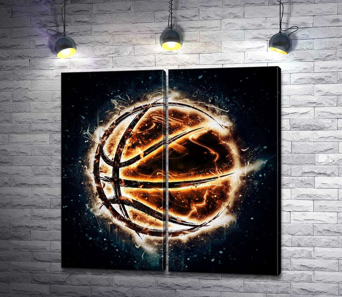 модульная картина Баскетбольный мяч, подсвеченный белыми красками