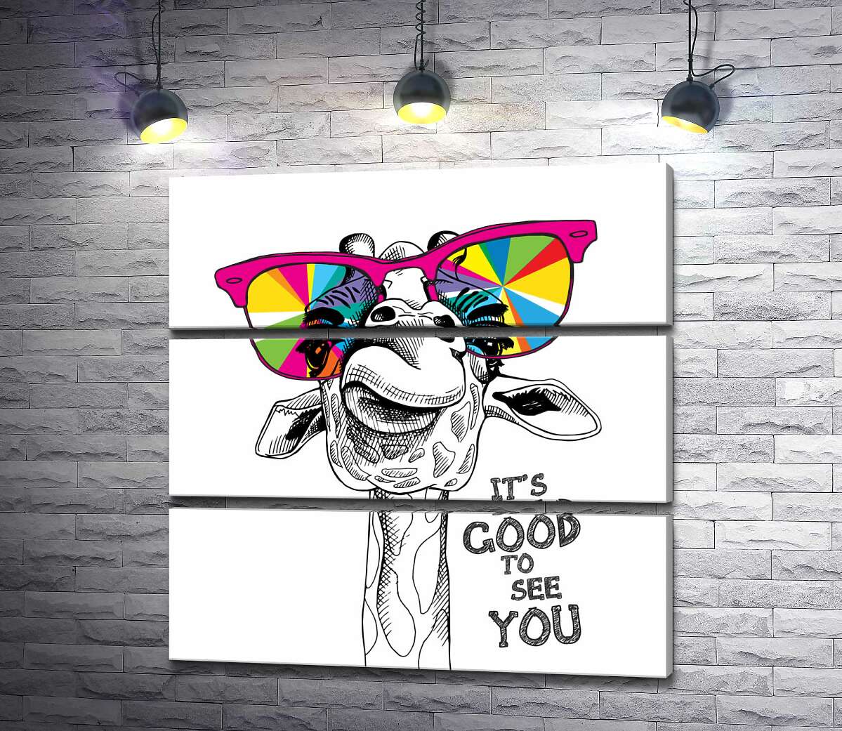модульна картина Веселкові окуляри на носі жирафи з фразою "it's good to see you" (Модуль №15)