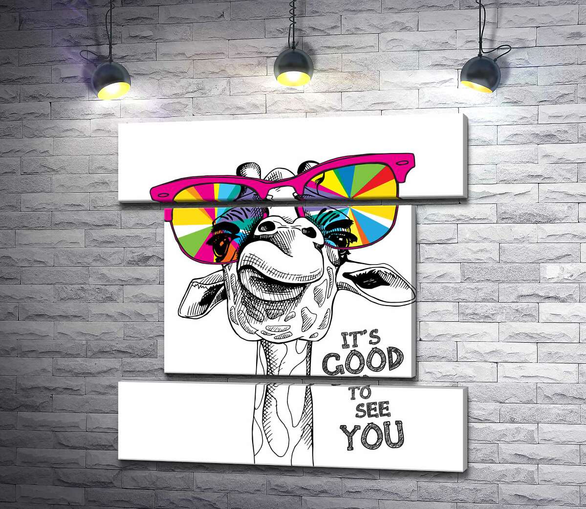 модульна картина Веселкові окуляри на носі жирафи з фразою "it's good to see you" (Модуль №18)