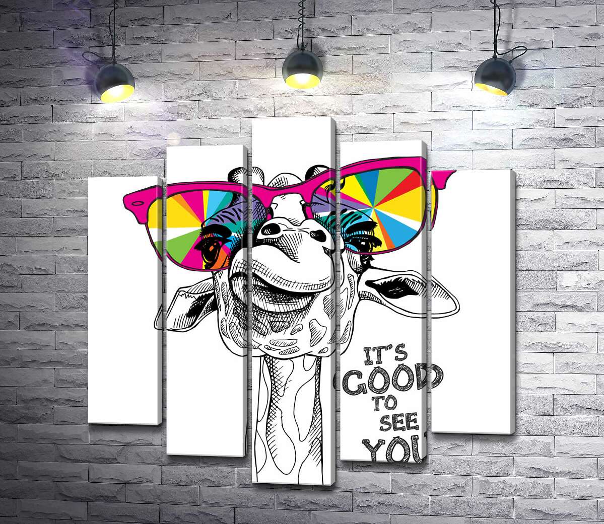 модульна картина Веселкові окуляри на носі жирафи з фразою "it's good to see you" (Модуль №4)