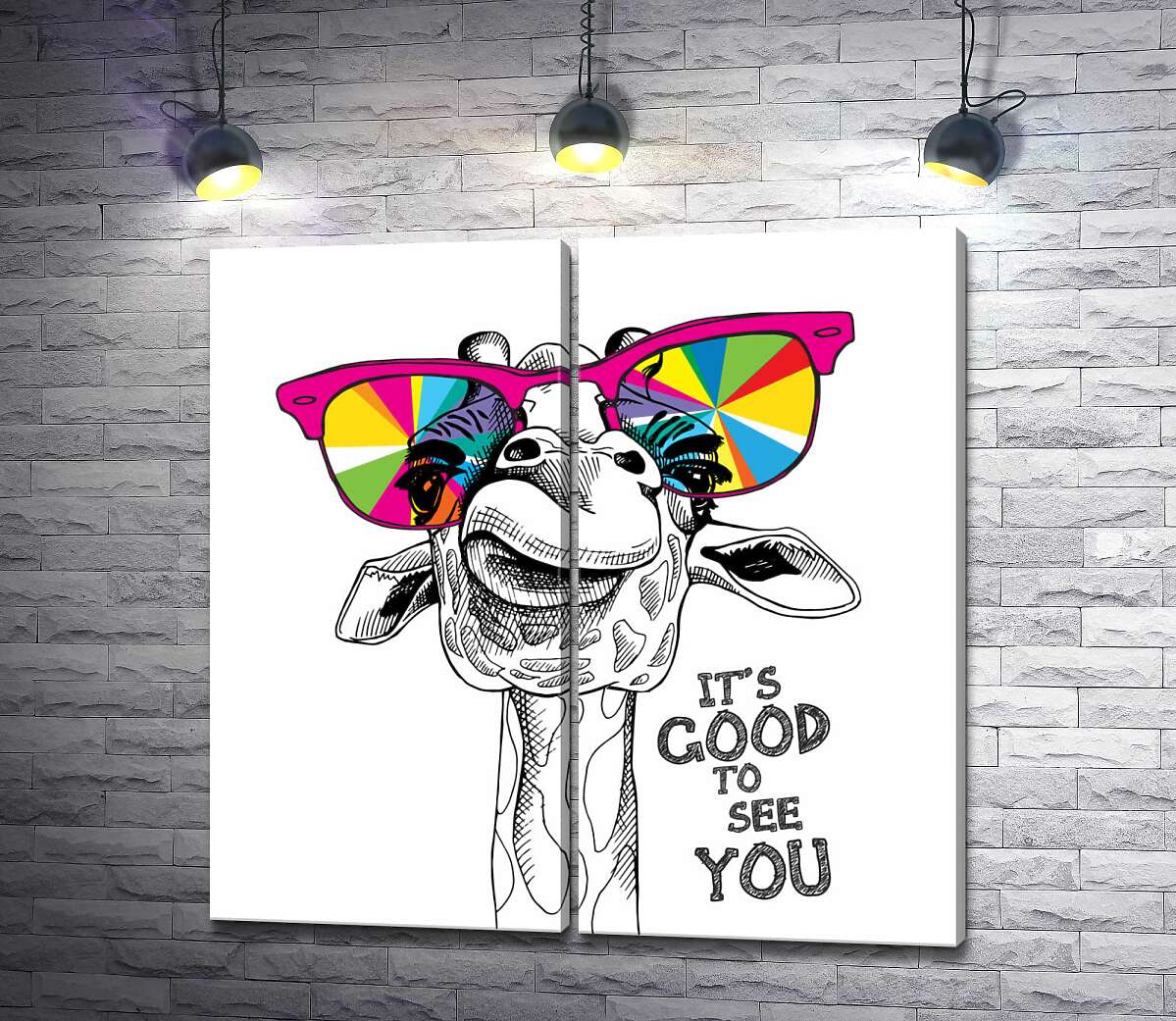 модульная картина Радужные очки на носу жирафа с фразой "it's good to see you"