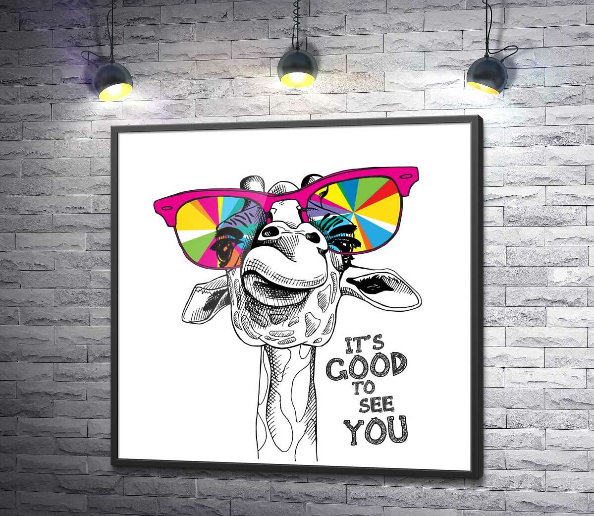 постер Радужные очки на носу жирафа с фразой "it's good to see you"