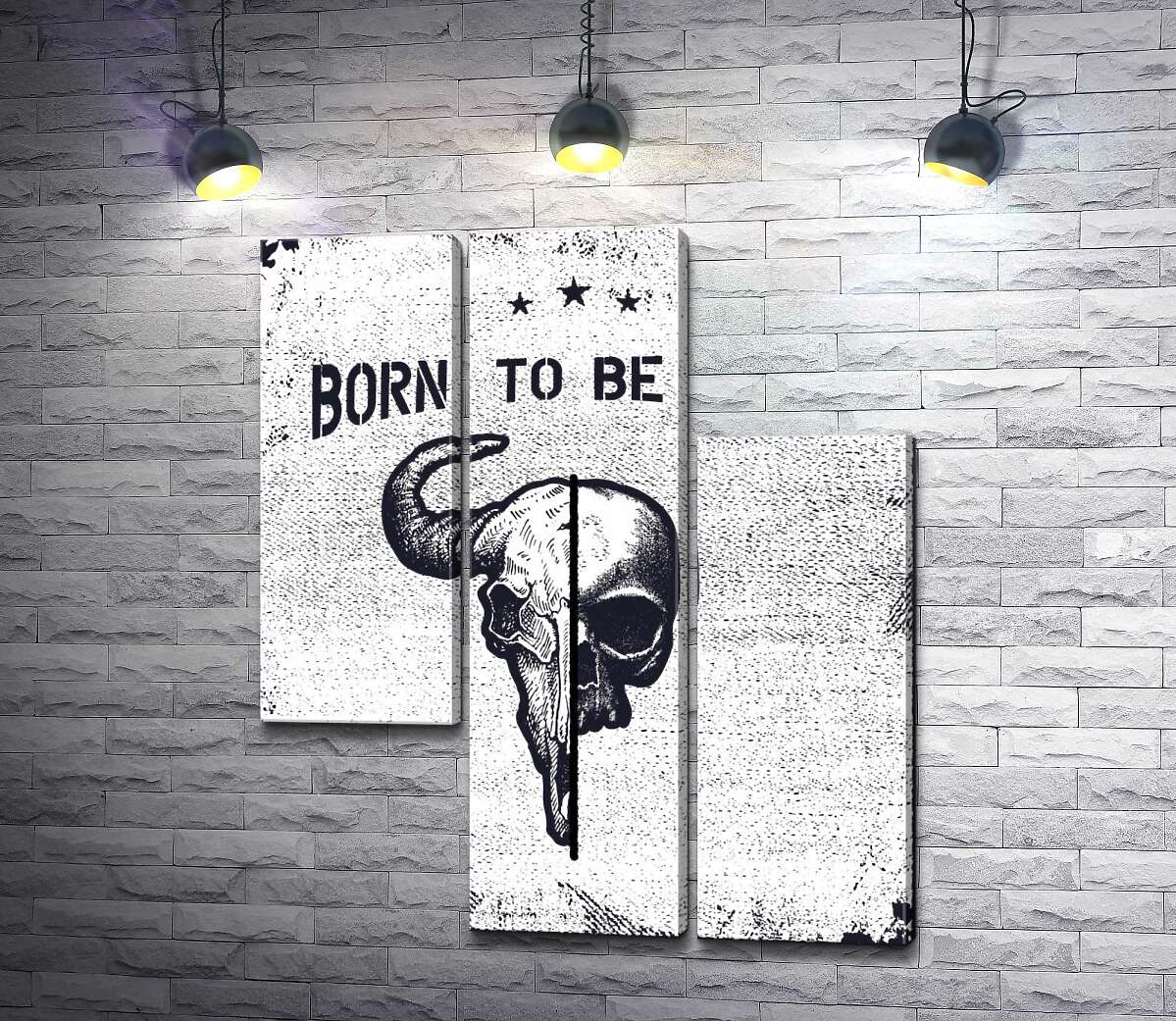 модульная картина Соединение черепов человека и быка под фразой "born to be wild" (Модуль №13)