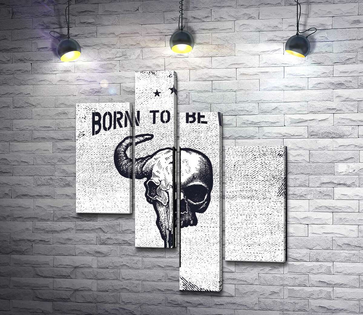 модульная картина Соединение черепов человека и быка под фразой "born to be wild" (Модуль №21)